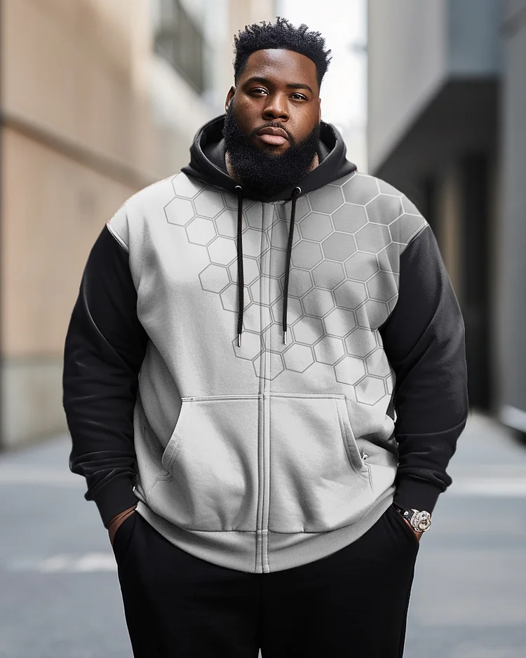 Men's Plus Size Abstract Color Block Polygon Graphic Zip Hoodie